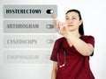 HYSTERECTOMY text in menu. Doctor looking for something at cellphone Royalty Free Stock Photo