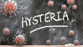 Hysteria and covid virus - pandemic turmoil and Hysteria pictured as corona viruses attacking a school blackboard with a written