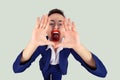 Hysterical woman shouting. Closeup portrait stressed frustrated shocked business woman yelling screaming up temper tantrum Royalty Free Stock Photo