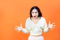Hysterics, explosion of emotions concept. Angry young woman screaming with outstretched fingers Royalty Free Stock Photo