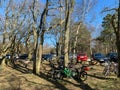 HÃÂ¶NÃÂ¶, SWEDEN - Apr 10, 2020: A full parking lot with many cars and bicycles