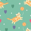 Cute American shorthair cat seamless pattern background with ball and hearts. Cartoon orange tabby cat kitten background. Royalty Free Stock Photo