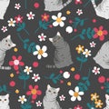 Romantic American shorthair cat seamless pattern background with flowers. Cartoon tabby cat kitten background.