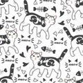 Doodle American shorthair cat seamless pattern background with fish bones and hearts. Cartoon tabby cat kitten background.