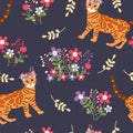 Romantic Bengal cat seamless pattern background with flowers. Cartoon orange tabby spotted cat kitten background. Hand drawn