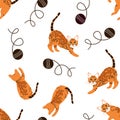 Bengal cat playing balls of wool seamless pattern background. Cartoon orange tabby spotted cat kitten background. Hand drawn Royalty Free Stock Photo