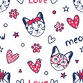 Cute Bengal cat head outline seamless pattern background with hearts, paw prints. Doodle tabby cat kitten background.