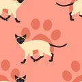 Siamese cat seamless pattern background with paw print. Cartoon cat kitten background. Hand drawn childish vector illustration.