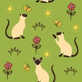 Siamese cat seamless pattern background with butterfly and flowers. Cartoon cat kitten background. Hand drawn childish vector Royalty Free Stock Photo