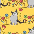 Russian Blue cat seamless pattern background with colorful flowers, butterfly. Cartoon cat kitten background. Hand drawn childish Royalty Free Stock Photo