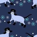 Russian Blue cat seamless pattern background with Russian hat and boot. Cartoon cat kitten background. Hand drawn childish vector Royalty Free Stock Photo