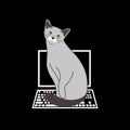 Russian Blue cat sitting on laptop keyboard isolate on black background. Cartoon cat kitten icon vector. Hand drawn childish Royalty Free Stock Photo