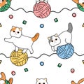 Persian kitten exotic shorthair seamless pattern background with balls of wool. Cartoon playing cat kitten background. Hand drawn