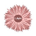 I am affirmations chamomile flower. Self love concept for women empowerment. Positive affirmative self talk to motivate.