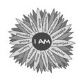 I am affirmations chamomile flower. Self love concept for women empowerment. Positive affirmative self talk to motivate.