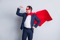 I am best. Photo of confident courage professional mature business man super hero costume character show biceps arrogant Royalty Free Stock Photo