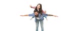 I can fly. Happy child and father pretend flying. Bearded man carry child piggyback. Raising child with love. Family in