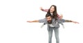 I can fly. Happy child and father pretend flying. Bearded man carry child piggyback. Raising child with love. Family in Royalty Free Stock Photo