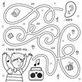 I can hear with my ears black and white maze game for kids. Five senses labyrinth