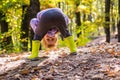 I can see you. Child having fun in forest. Forest school is outdoor education. Visit natural spaces. Boy in rubber boots