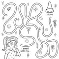 I can smell with my nose black and white maze game for kids. Five senses labyrinth coloring page