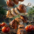 Chicken kebab on barbecue generative AI