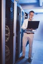 I cant allow any security threats to get here. a mature man using a laptop while working in a server room. Royalty Free Stock Photo