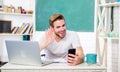 I cant here you. back to school. Working day morning. modern education. student man in classroom with tea cup. college