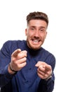 I choose you and order. The smiling business man point you, want you, half length closeup portrait on white studio