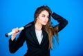 I am a criminal. big game success. confident businesswoman. sexy woman with baseball bat. successful woman. Street life Royalty Free Stock Photo