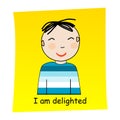I am delighted concept.Cartoon hand drawn boy with delighted expression