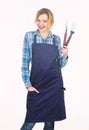 I did it. Picnic barbecue. food cooking recipe. Pretty girl in chef apron. Preparation and culinary. Tools for roasting