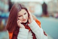 I do not hear you. Closeup portrait beautiful woman girl talking to the phone listening carefully trying to hear understand the Royalty Free Stock Photo