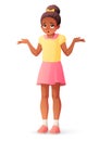 Confused young African American girl shrugging shoulders. Isolated vector illustration.