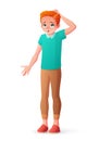 Young redhead boy scratching head shrugging shoulders. Isolated vector illustration.