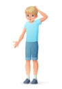 Surprised boy scratching head and shrugging shoulders. Isolated vector illustration.