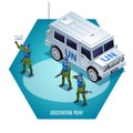 United Nations peacekeepers are observing illustration isometric icons on isolated background