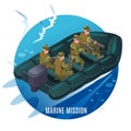 Navy seals on a mission. Military boat at sea and seagulls above it. Illustration isometric icons on isolated background