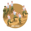 Physical training of special forces under the supervision of a sergeant. Illustration isometric icons on isolated background