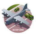 Military Cargo, Air Force, loading on board, vector illustration isometric icons on isolated round background