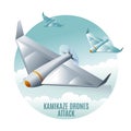 Kamikaze Drones Attack vector illustration isometric icons on isolated round background