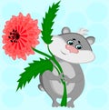 I give you a flower. The picture shows a gray hamster with a lush red flower in its paws, a gift, love