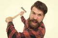 I hate it. Crazy man with axe isolated on white. Brutal lumberjack with crazy look. Bearded hipster in crazy mood