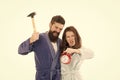I hate monday. Couple morning awakening alarm clock. We should go to bed earlier. stressed bearded man and woman. Crush Royalty Free Stock Photo