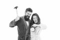 I hate monday. Couple morning awakening alarm clock. We should go to bed earlier. stressed bearded man and woman. Crush Royalty Free Stock Photo