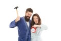 I hate monday. Couple morning awakening alarm clock. We should go to bed earlier. stressed bearded man and woman. Crush Royalty Free Stock Photo