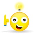 I have an good idea emoji. Emotion of happiness. Emoticon with a light bulb over his head. Cartoon style. Vector illustration