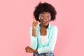 Excited African Woman Pointing Finger Up Having Idea, Pink Background Royalty Free Stock Photo