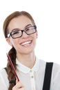 I have a great ideea! Beautiful woman with glasses isolated on w Royalty Free Stock Photo