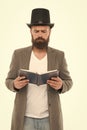 I have to study. Gentleman in top hat read study book. Bearded man isolated on white. Back to study. Return to education